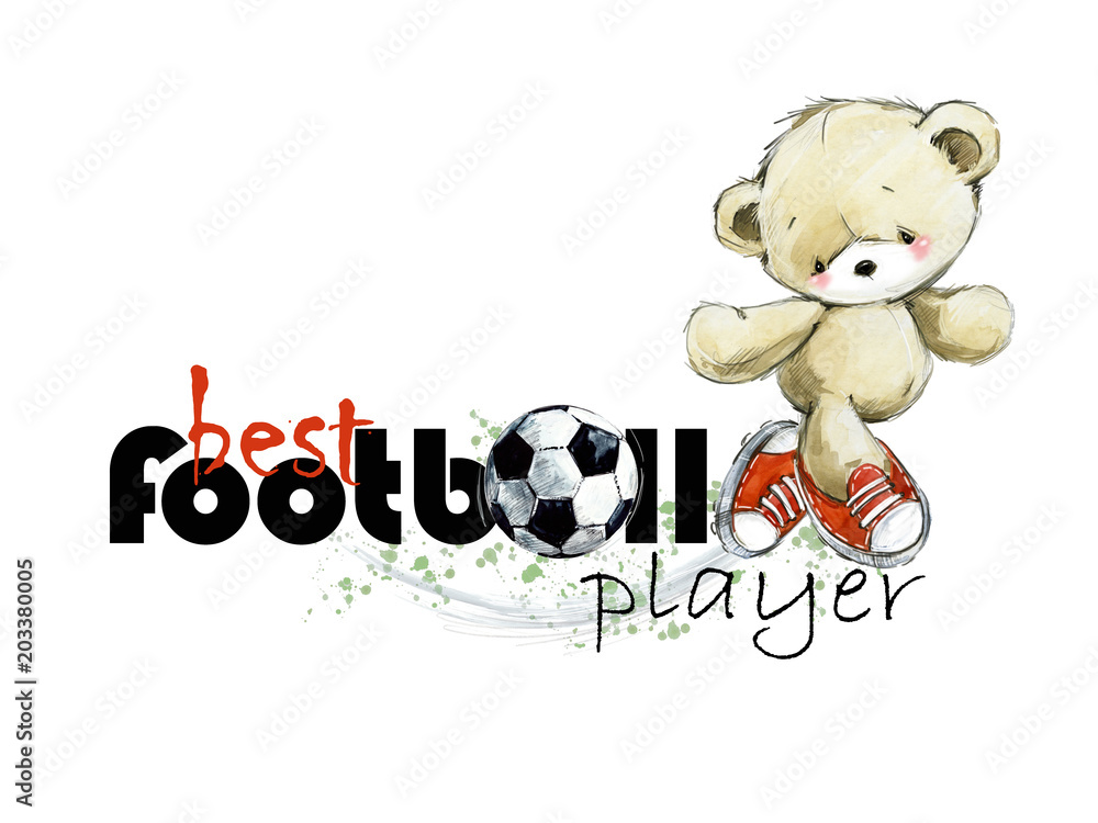 Obraz premium Cute teddy bear Soccer player hand drawn watercolor illustration. Best football player. kids football background