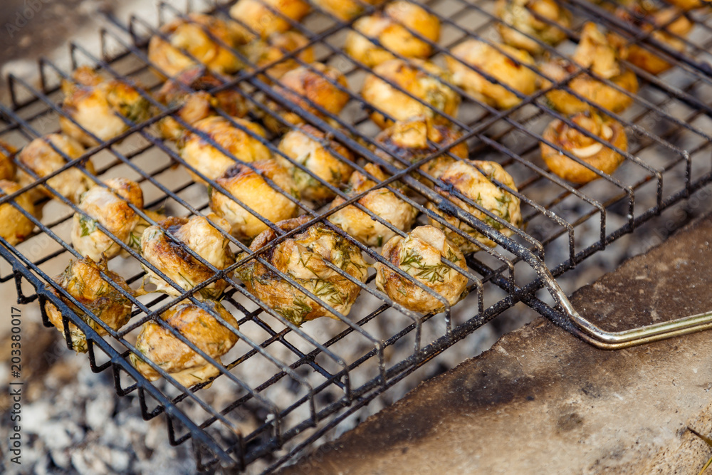 Delicious mushrooms are cooked on a grill on hot coals in a camping