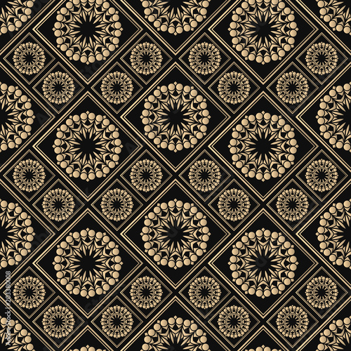 Islamic vector design. Seamless pattern oriental ornament. Black and golden textile print. Floral tiles.