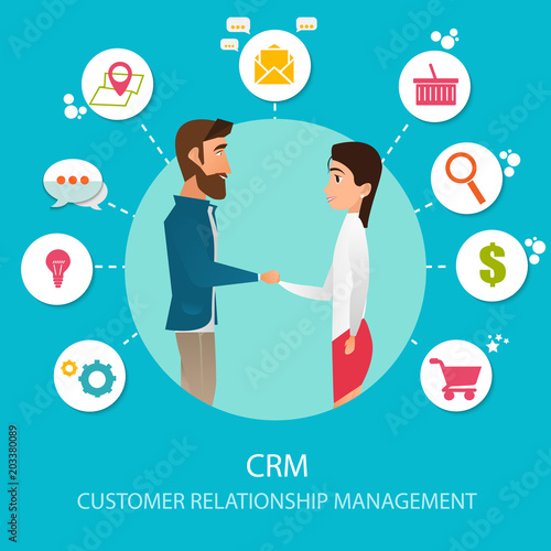 CRM : Customer relationship management. Flat icons of accounting system, clients, support, deal. Organization of data on work with clients, CRM concept. Vector illustration EPS10