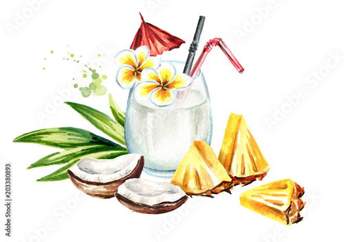 Pina colada cocktail with coconut and pineaple. Watercolor hand drawn illustration, isolated on white background