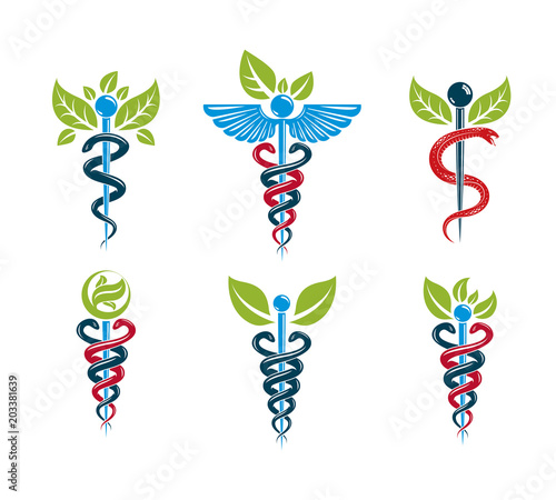 Aesculapius vector abstract illustrations collection, Caduceus symbols composed with green leaves and bird wings for use in medical treatment.