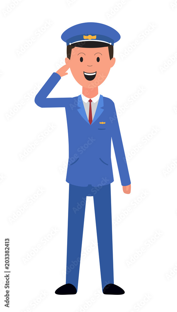 Pilot  isolated on white. Vector illustration. Smiling person. Eps 10