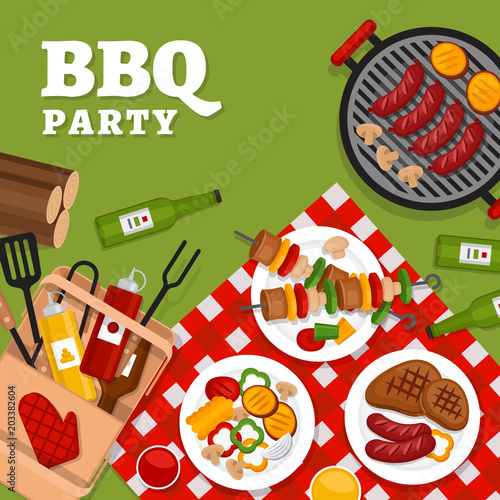 Bbq party background with grill. Barbecue poster. Flat style, vector illustration.