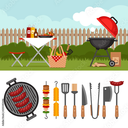 Bbq party background with grill. Barbecue poster. Bbq tools set. Barbecue grill  isolated elements. Flat style, vector illustration.