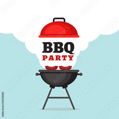 Bbq party background with grill and fire. Barbecue poster. Flat style, vector illustration.