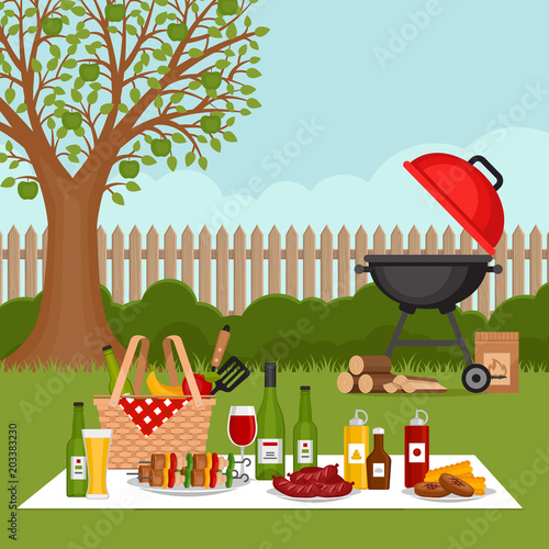 Bbq party background with grill. Barbecue poster. Flat style, vector illustration.