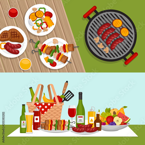 Bbq party background with grill. Barbecue poster. Flat style, vector illustration.