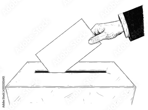 Vector artistic pen and ink drawing illustration of voters or businessman hand putting envelope in ballot box. Concept of elections.