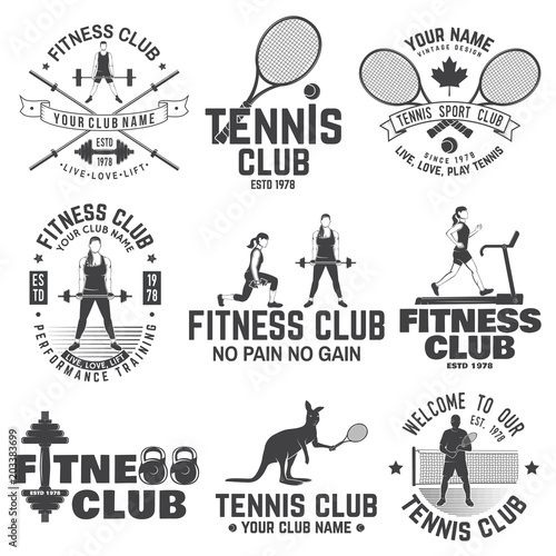 Set of fitness and tennis club concept with girls doing exercise and tennis player silhouette.