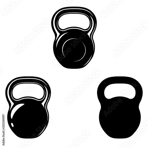 Set monochrome athletic kettlebell. Sports equipment icons for graphic design of logo, emblem, symbol, sign, badge, label, stamp, isolated on white background. Crossfit, fitness, bodybuilding.