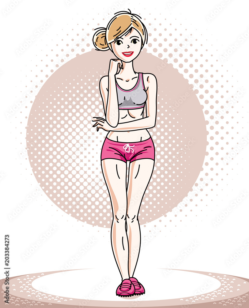 Young beautiful blonde slim woman adult standing. Vector illustration of nice lady wearing pink shorts. Work out and training theme. Young beautiful blonde slim woman adult standing. Vector illustration of nice lady wearing pink shorts. Work out and training theme.