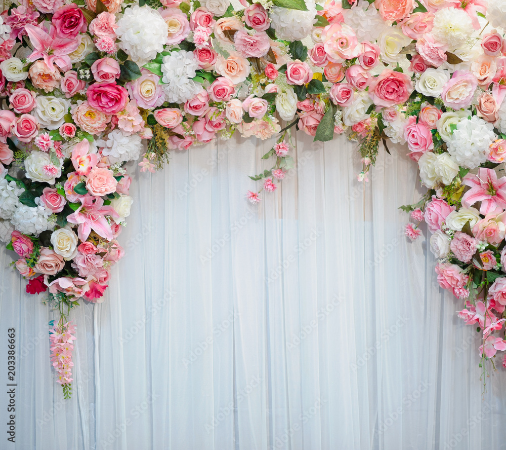 wedding flower decoration, flower backdrop background, rose wall, white  rose, colorful background, fresh rose Stock Photo | Adobe Stock