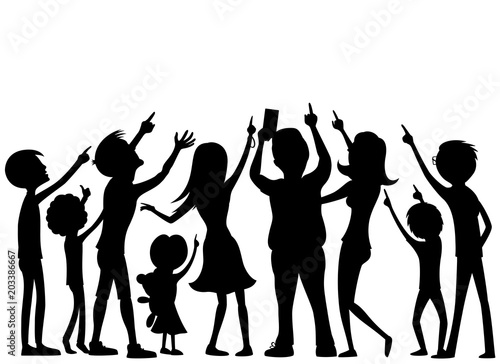 Group of people looking up and pointing with a finger.