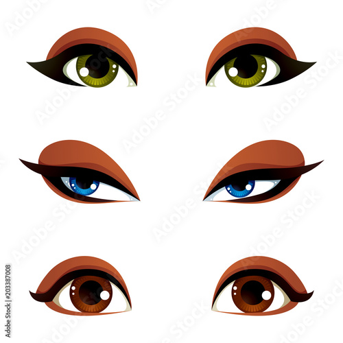 Vector female eyes collection in different emotion with blue, brown and green eye iris. Women eyes with stylish makeup isolated on white background.