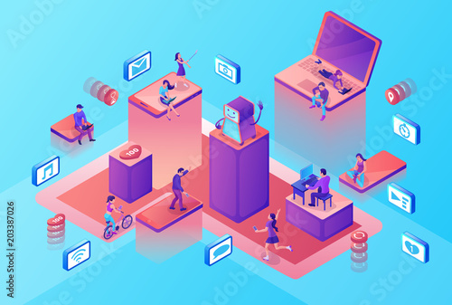 Chatbot service isometric illustration with modern hipster people communicating by gadgets  smartphone  mobile chat technolodgy concept  message app  landing page template