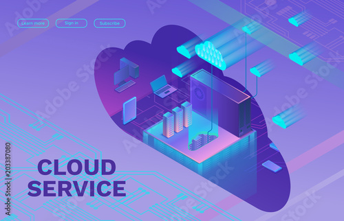 Cloud data storage 3d isometric infographic illustration, landing page layout, vector web template, smart modern technolodgy concept with gadgets, smartphone, laptop, ultra violet colors