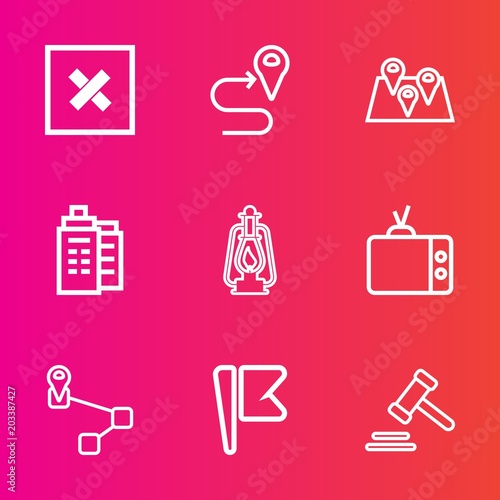 Premium set with outline vector icons. Such as antique, vintage, pin, route, screen, television, element, property, law, point, lamp, lantern, legal, technology, city, courthouse, architecture, travel