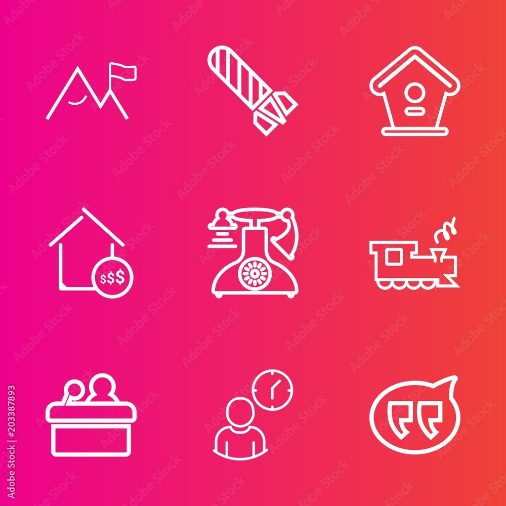 Premium set with outline vector icons. Such as real, transportation, explosive, travel, call, rock, presentation, bird, summer, speaker, message, railway, transport, house, old, telephone, meeting Premium set with outline vector icons. Such as real, transportation, explosive, travel, call, rock, presentation, bird, summer, speaker, message, railway, transport, house, old, telephone, meeting