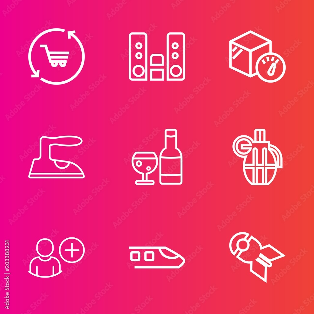 Premium set with outline vector icons. Such as box, drink, audio, clothes, service, red, business, retail, travel, shop, cart, trolley, weapon, transportation, package, media, user, store, weight, add