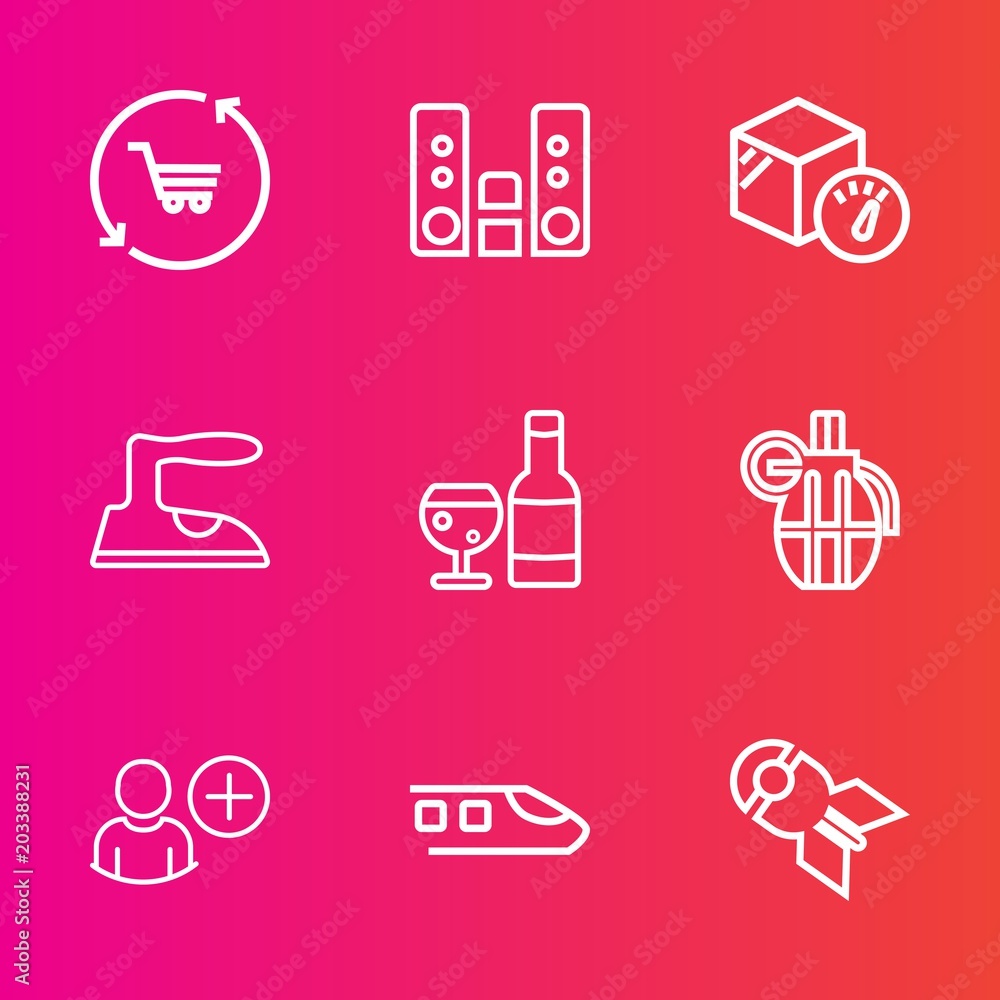Premium set with outline vector icons. Such as box, drink, audio, clothes, service, red, business, retail, travel, shop, cart, trolley, weapon, transportation, package, media, user, store, weight, add Premium set with outline vector icons. Such as box, drink, audio, clothes, service, red, business, retail, travel, shop, cart, trolley, weapon, transportation, package, media, user, store, weight, add