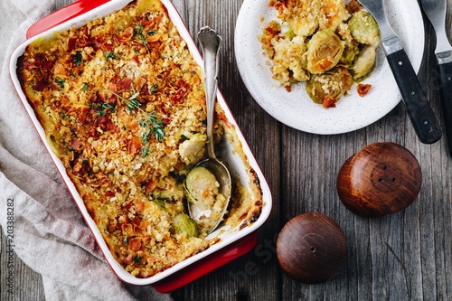 Baked brussel sprout gratin with a bacon and bread crumbs