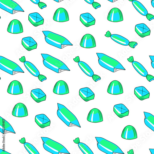 Vector seamless blue green pattern, graphic drawing of sweets on a white background for design of fabric, textile, wrapping paper.