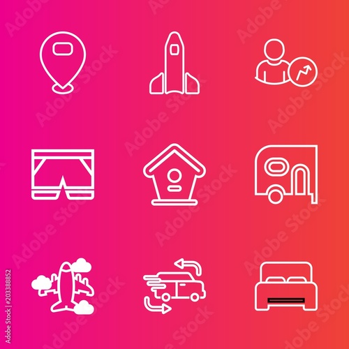 Premium set with outline vector icons. Such as pointer, marker, rocket, wear, spaceship, white, space, plane, report, aircraft, car, delivery, web, travel, orbit, chart, template, wooden, location