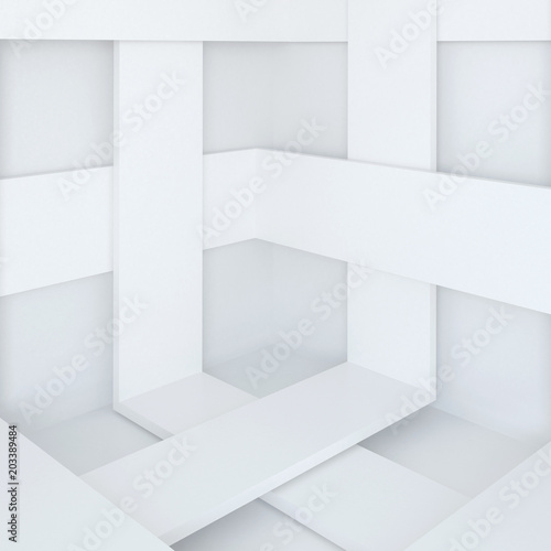 3d illustration. White abstract architectural background. Angle with intersecting stripes. Render.