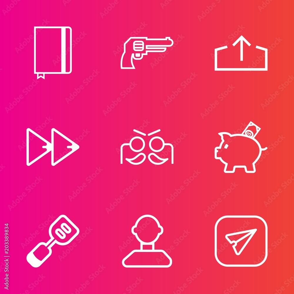 Fototapeta premium Premium set with outline vector icons. Such as handgun, button, textbook, money, profile, download, spatula, celebration, utensil, weapon, finance, communication, bank, coin, military, internet, party