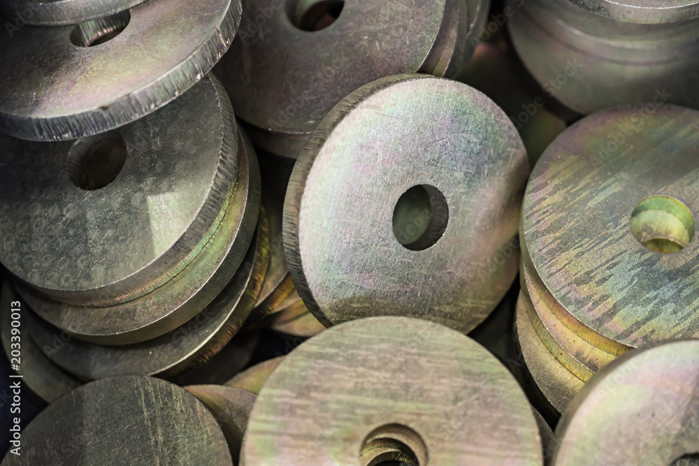 Close-up of steel washers or ring plates