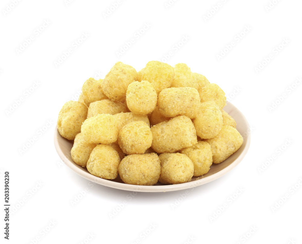 Tasty Round Shaped Yellow Snack Also Know as puffs, puffy Isolated on White Background Tasty Round Shaped Yellow Snack Also Know as puffs, puffy Isolated on White Background