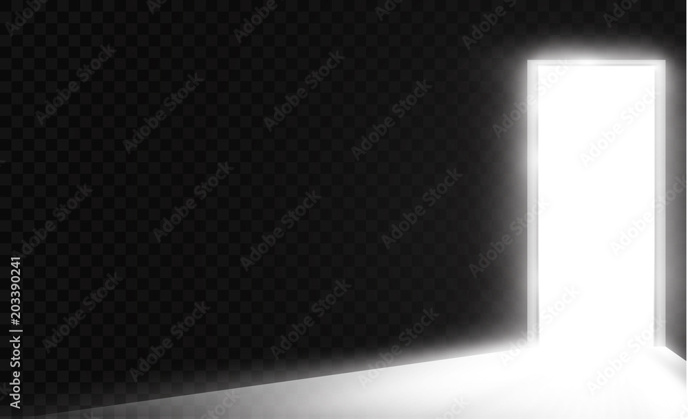 Open the door in a dark room with light passing through it. Light enters through the gap on a transparent background