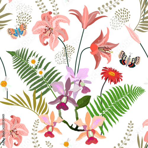 Fototapeta Grafika botaniczna z lilii, orchidei, chamomiles.