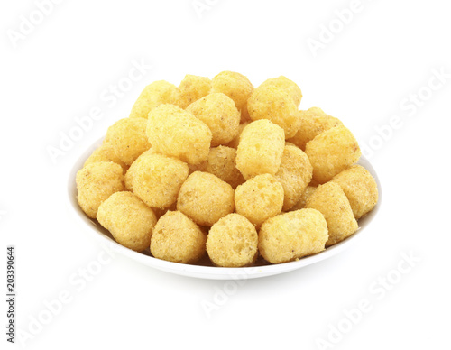 Tasty Round Shaped Yellow Snack Also Know as puffs, puffy Isolated on White Background