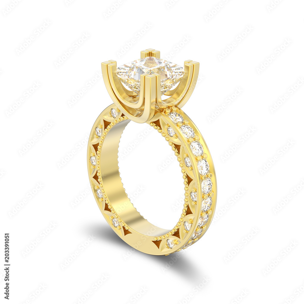 3D illustration isolated gold diamond engagement decorative ring with shadow 3D illustration isolated gold diamond engagement decorative ring with shadow
