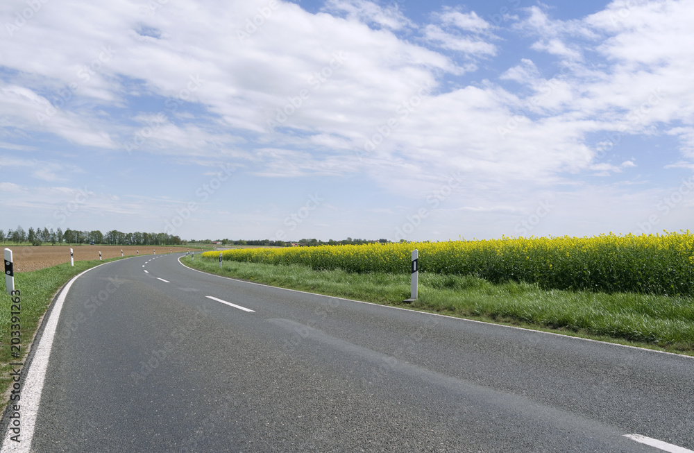 Hohenkirchen / Germany: Curved two-lane country road along the border between the states of Saxony-Anhalt and Thuringia