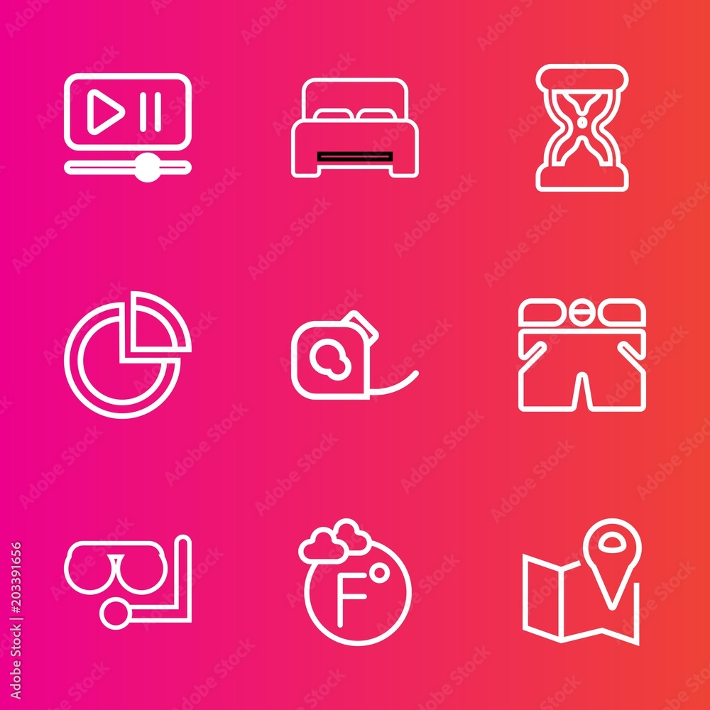 Premium set with outline vector icons. Such as player, sea, chart, map, wear, presentation, play, clock, volume, insulating, tape, road, template, thermometer, hour, furniture, fashion, mask, pin, web Premium set with outline vector icons. Such as player, sea, chart, map, wear, presentation, play, clock, volume, insulating, tape, road, template, thermometer, hour, furniture, fashion, mask, pin, web