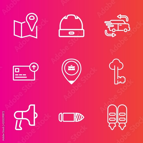 Premium set with outline vector icons. Such as old, clothing, military, speaker, metal, object, finance, travel, hat, pin, bullet, fast, car, cash, gun, loud, shipping, key, white, fashion, style,