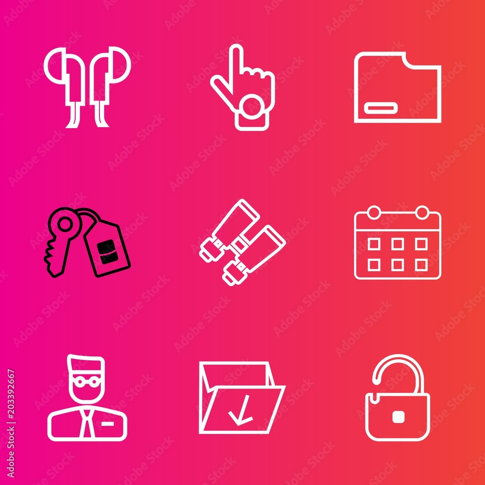 Premium set with outline vector icons. Such as paper, trash, finger, earphone, document, protection, rubbish, audio, waste, box, hand, schedule, point, door, user, calendar, headset, garbage, web, day Premium set with outline vector icons. Such as paper, trash, finger, earphone, document, protection, rubbish, audio, waste, box, hand, schedule, point, door, user, calendar, headset, garbage, web, day