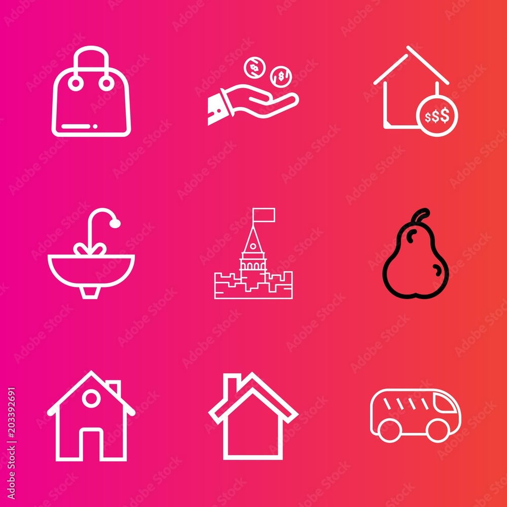 Premium set with outline vector icons. Such as bag, price, home, architecture, white, retail, organic, gift, money, building, water, medieval, house, cell, move, estate, castle, bathroom, paper, coin Premium set with outline vector icons. Such as bag, price, home, architecture, white, retail, organic, gift, money, building, water, medieval, house, cell, move, estate, castle, bathroom, paper, coin
