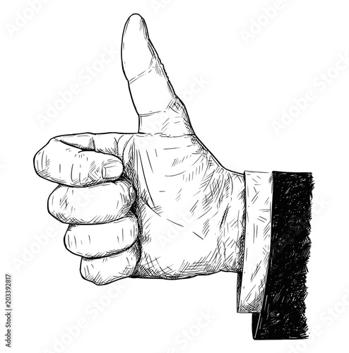 Vector artistic pen and ink drawing illustration of thumb up businessman hand in suit gesture. Business concept of success and social network like symbol.