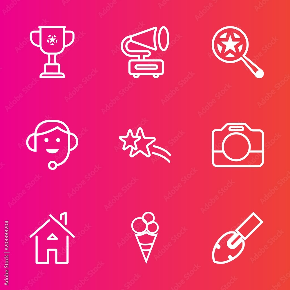Premium set with outline vector icons. Such as headset, play, find, house, shovel, dessert, sport, champion, building, architecture, sound, estate, vinyl, music, falling, business, player, cream, call Premium set with outline vector icons. Such as headset, play, find, house, shovel, dessert, sport, champion, building, architecture, sound, estate, vinyl, music, falling, business, player, cream, call