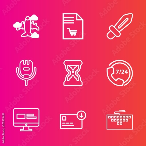 Premium set with outline vector icons. Such as knight, aircraft, money, voice, microphone, help, medieval, transportation, business, travel, music, call, notebook, laptop, bag, karaoke, sand, shopping