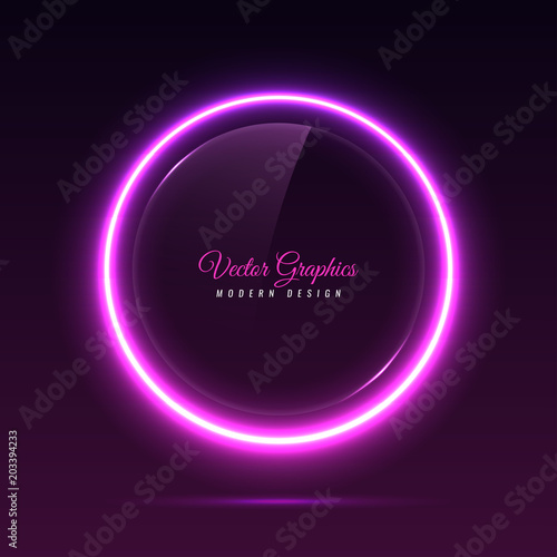 Glass banner of a round shape. Transparent billboard with neon lights. Vector illustration.