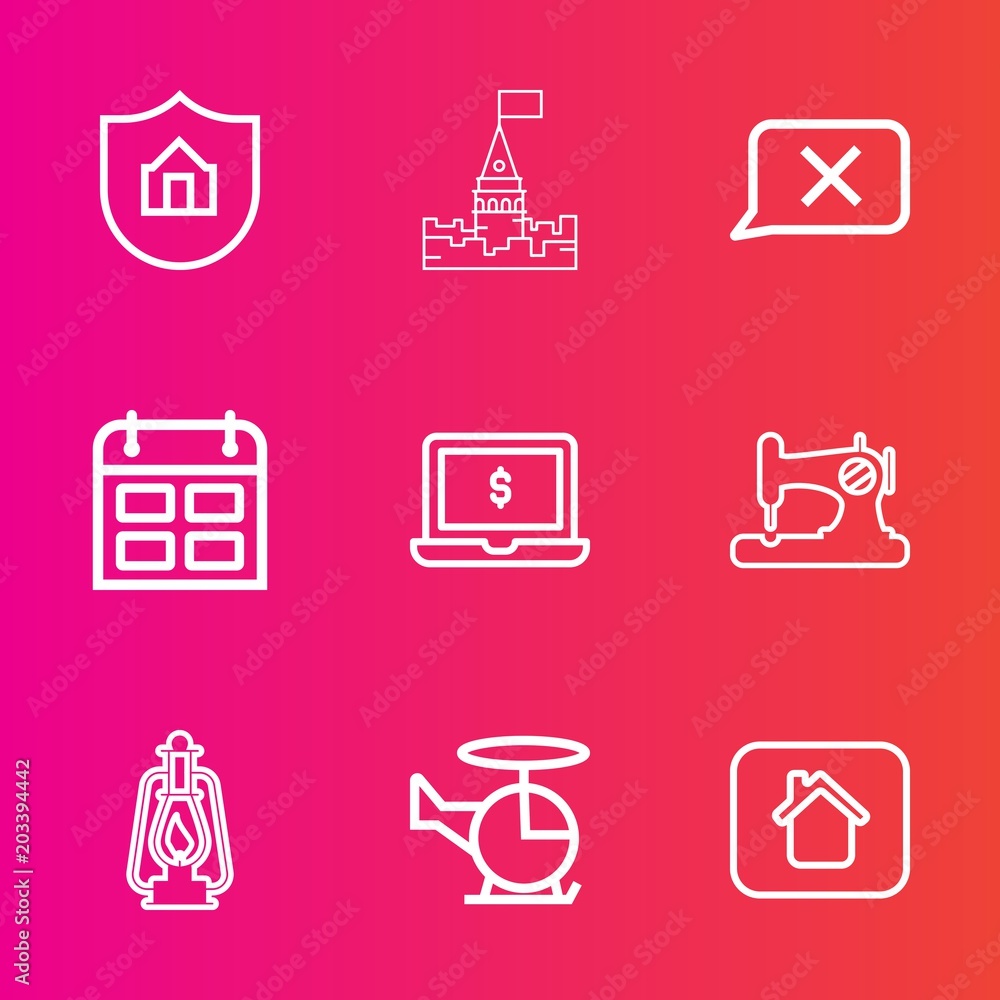Premium set with outline vector icons. Such as notebook, castle, house, security, helicopter, vintage, care, transportation, computer, king, sewing, aircraft, old, calendar, timetable, air, screen Premium set with outline vector icons. Such as notebook, castle, house, security, helicopter, vintage, care, transportation, computer, king, sewing, aircraft, old, calendar, timetable, air, screen