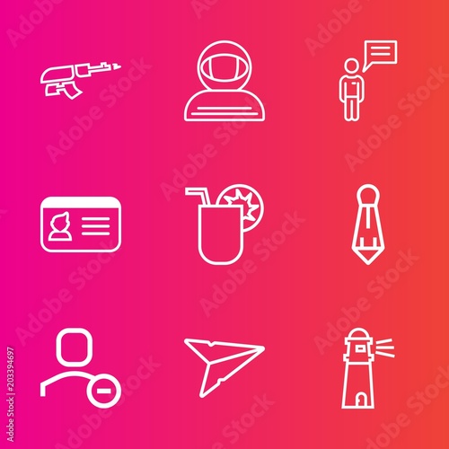 Premium set with outline vector icons. Such as document  account  space  army  spaceman  user  message  cocktail  send  machine  astronaut  spacesuit  person  water  war  chat  cosmos  juice  light