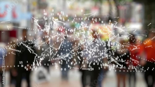 Digital information being collected from people's devices as they are walking.