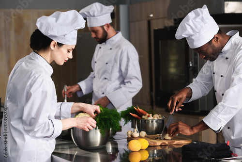Tableau sur toile Multiracial team of cooks cooking by kitchen stove in restaurant