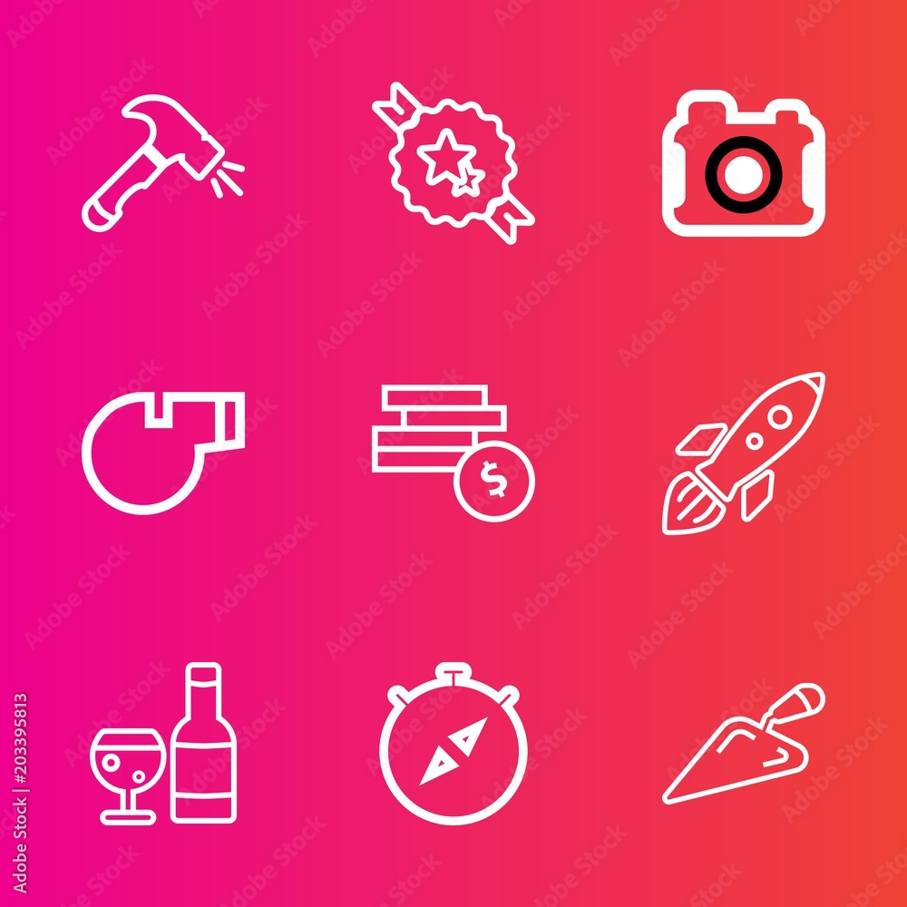 Premium set with outline vector icons. Such as sport, rocket, red, wine, photography, photographer, technology, element, decorative, whistle, space, picture, launch, compass, photo, camera, east, bank Premium set with outline vector icons. Such as sport, rocket, red, wine, photography, photographer, technology, element, decorative, whistle, space, picture, launch, compass, photo, camera, east, bank